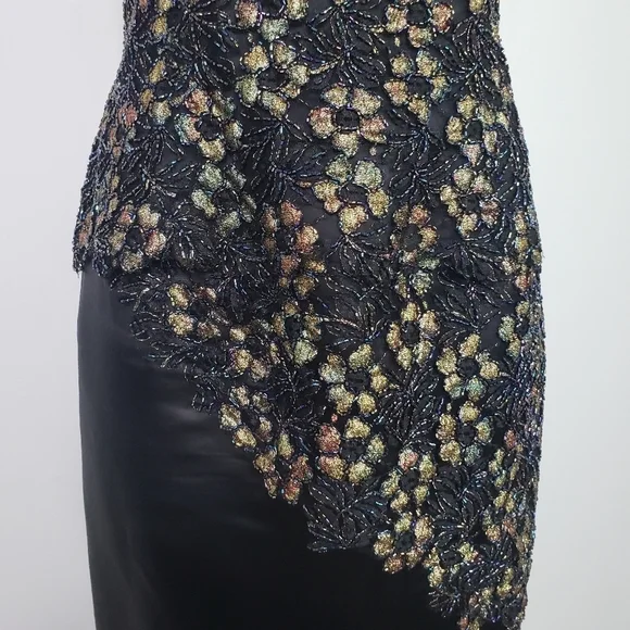 Menekshe black silk gown beaded appliqué formal - Picture 5 of 11